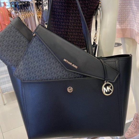 MICHAEL Maisie Large Pebbled Leather 3-in-1 Tote Bag BLACK / BLACK MULTI… - Picture 3 of 16